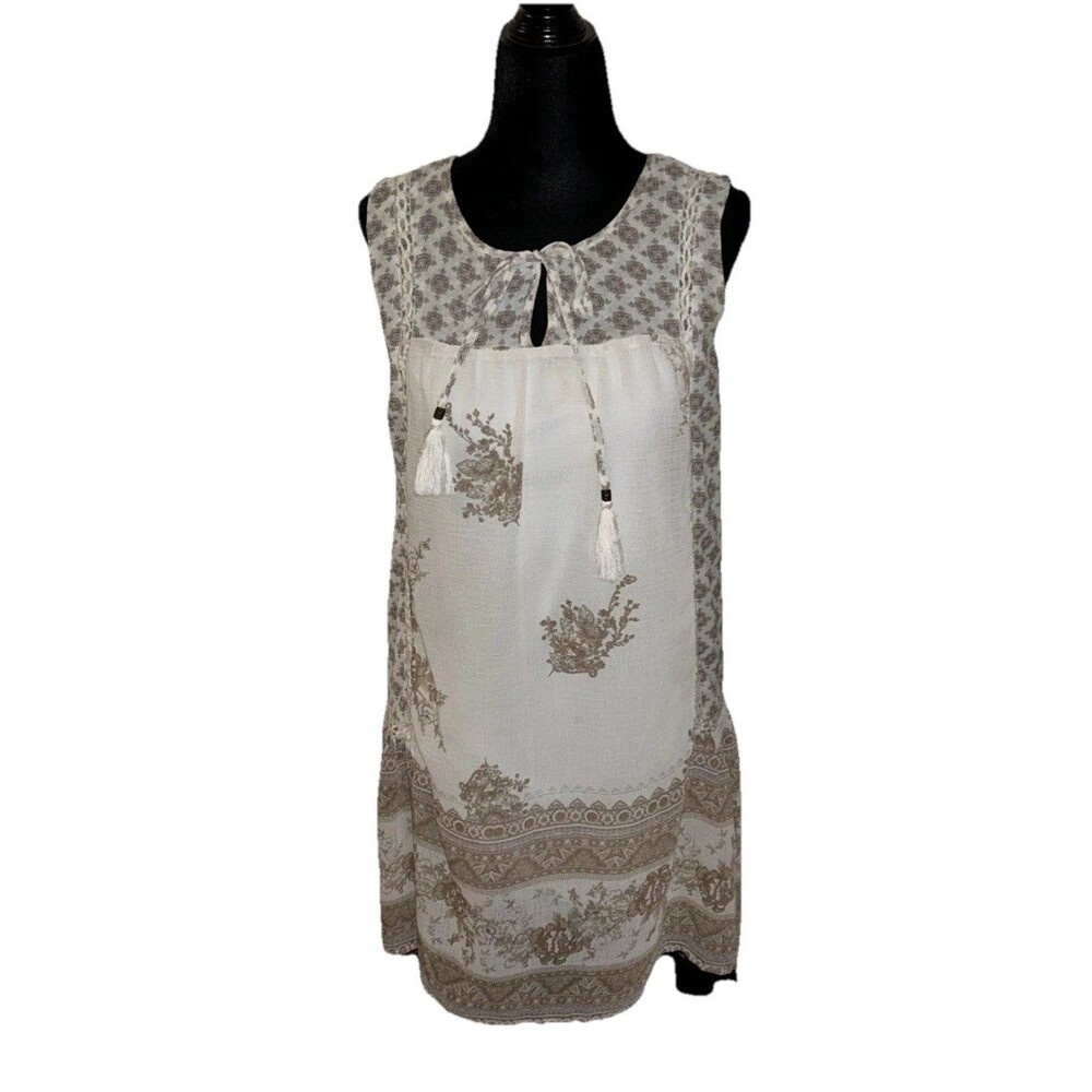 Xhiliration Small Sheer Keyhole Neckline Tassel Tie White & Brown Short Dress